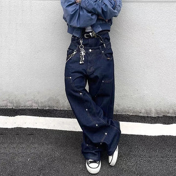 AIDASE  -  High Street Men's Jeans Washing Solid Color Metal Rivets Double Waistband Wide Leg Straight Loose Male Denim Pants 24K5919 aidase-shop